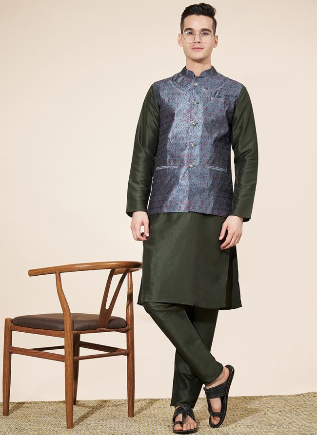 Pure Silk Black Wedding Wear Printed Readymade Modi Jacket Kurta Pajama